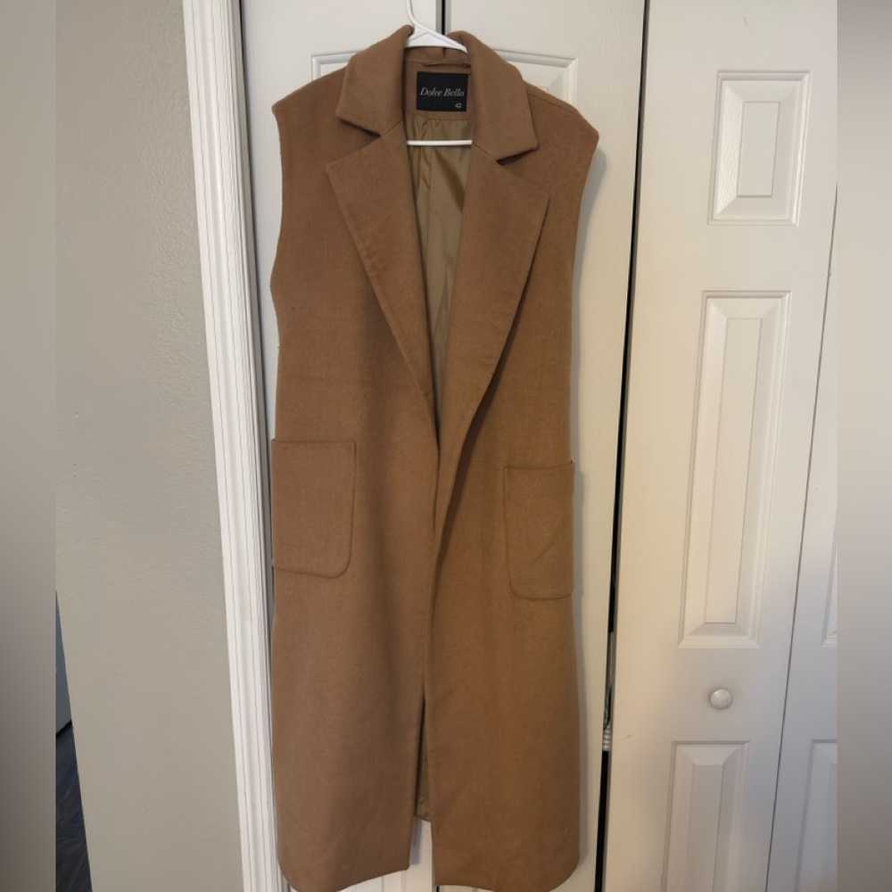 Sleeveless Wool Blend Long Camel Vest